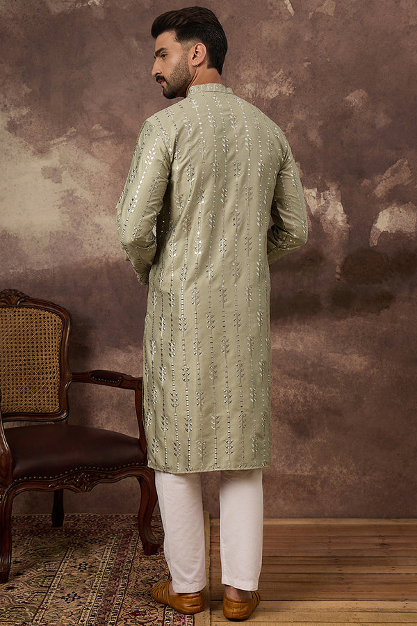 Green Silk Blend Solid Embroidered Straight Kurta With Pant Set MKSET1356