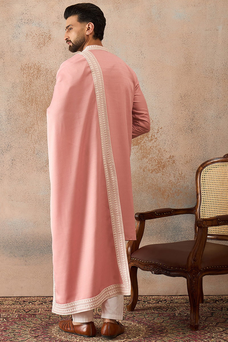 Peach Silk Blend Solid Embroidered Kurta Trouser With Dupatta MKPD1041