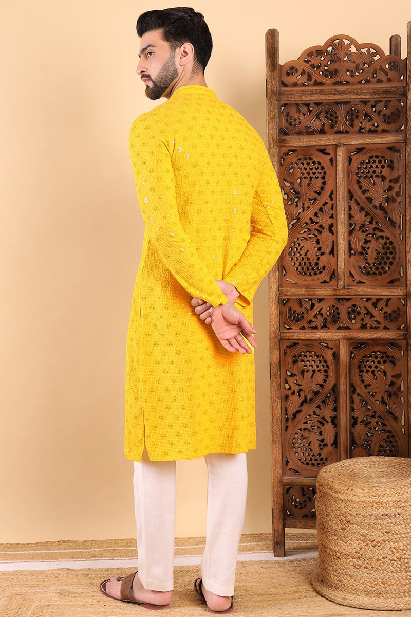 Ethnic Bay Yellow Viscose Rayon Solid Embroidered Straight Kurta For Men MKU1010YLW