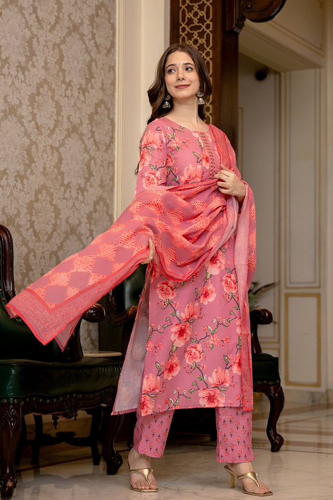 Pink Rayon Blend Floral Printed Straight Trouser Bottom Suit Set PKSKD2566PNK