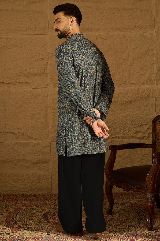 Navy Blue Viscose Rayon Geometric Printed Straight Kurta with Trouser MKSET1609