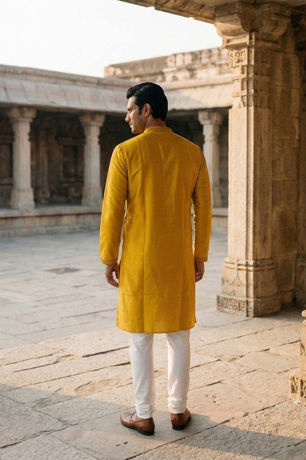 Yellow Silk Blend Embroidered Straight Kurta With Trousers MKSET2073