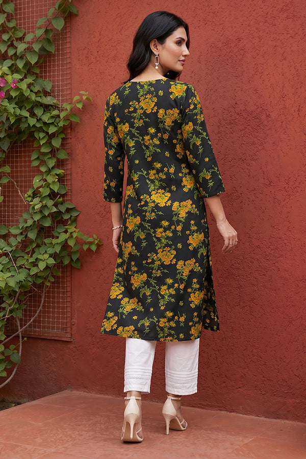 Rayon Black Floral Digital Printed Regular Kurta VCK9822