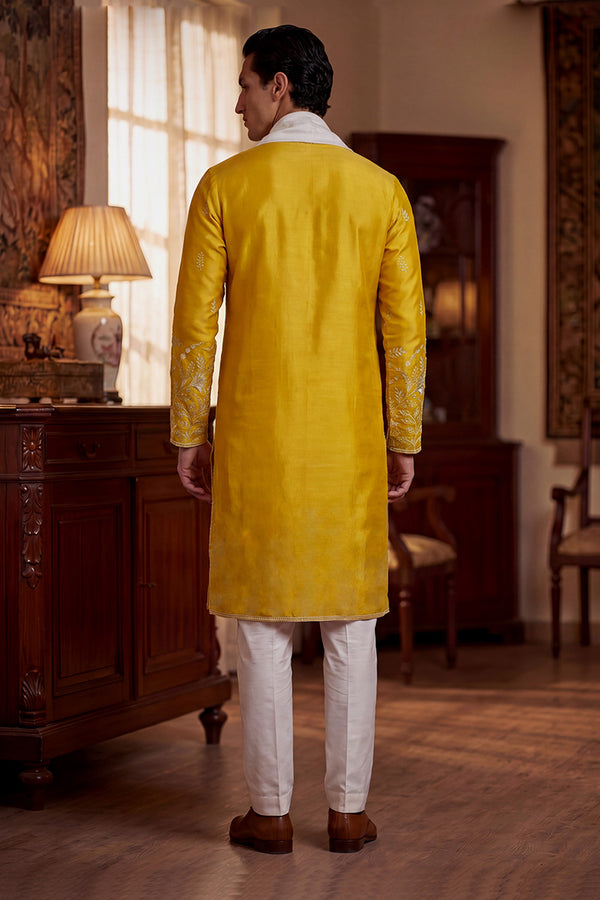 Yellow Chanderi Silk Solid Embroidered Straight Kurta with Dupatta MKUD1314