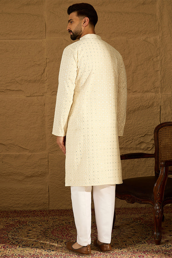 Off White Cotton Solid Printed Straight Kurta MKU1701