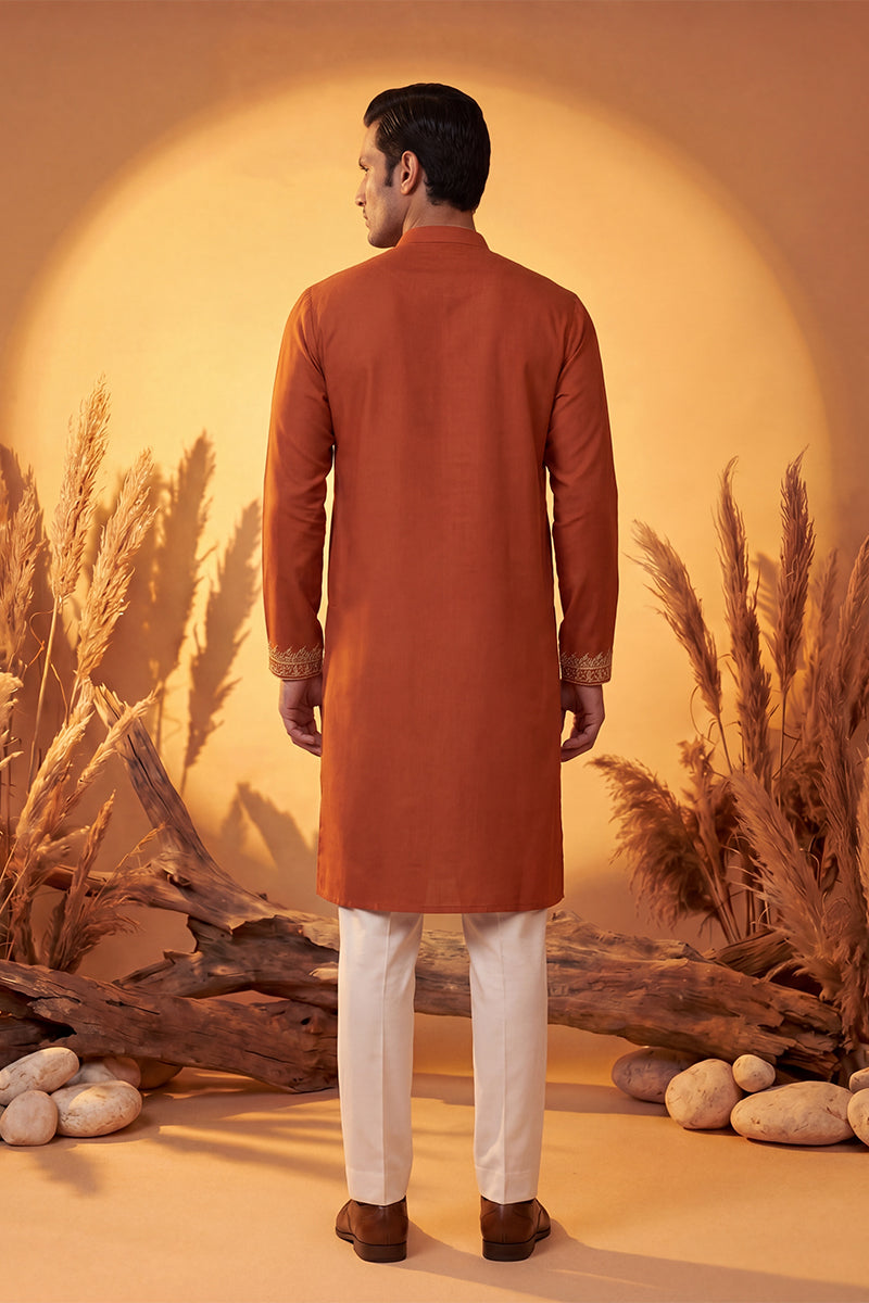 Orange Silk Blend Solid Emboidered Straight Kurta MKU2371