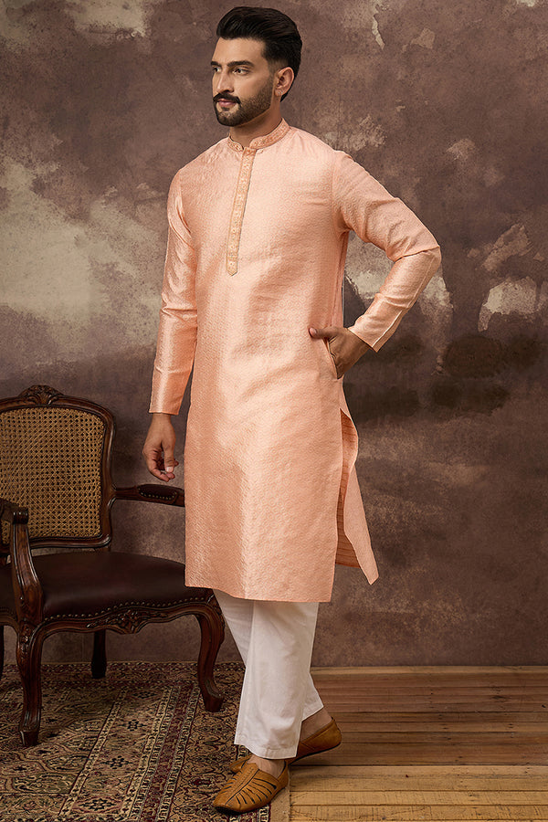 Peach Silk Blend Solid Woven Design Straight Kurta MKU1322