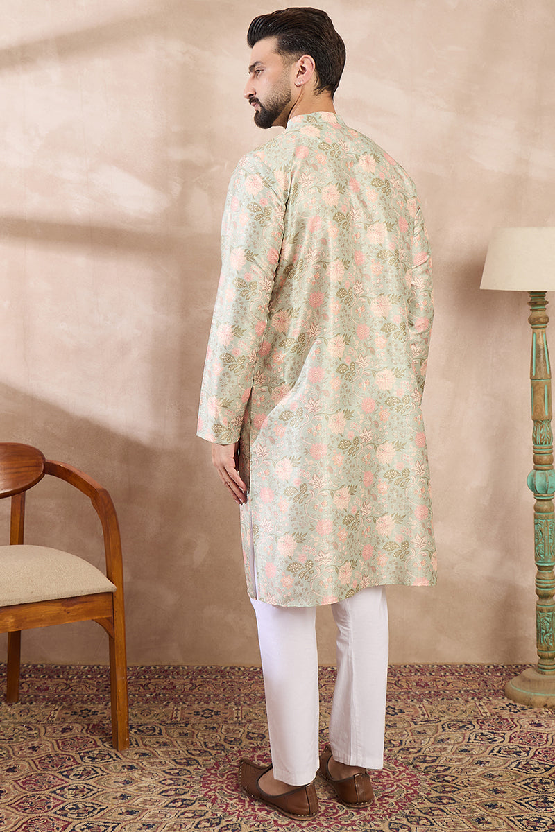 Green Silk Blend Floral Printed Straight Kurta MKU1968