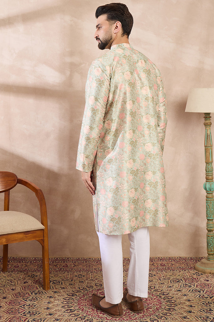 Green Silk Blend Floral Printed Straight Kurta MKU1968