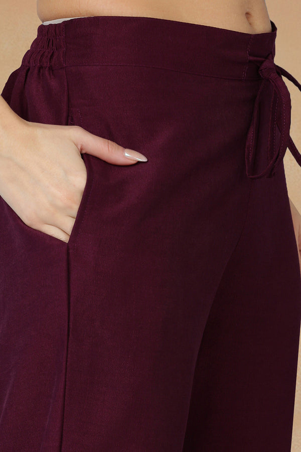 Burgundy Silk Blend Solid Straight Kurta Trousers With Dupatta PKSKD1759