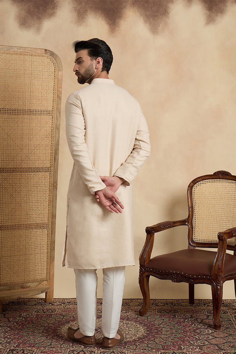 Beige Linen Solid Embroidered Thread Work Kurta With Trouser MKSET2462