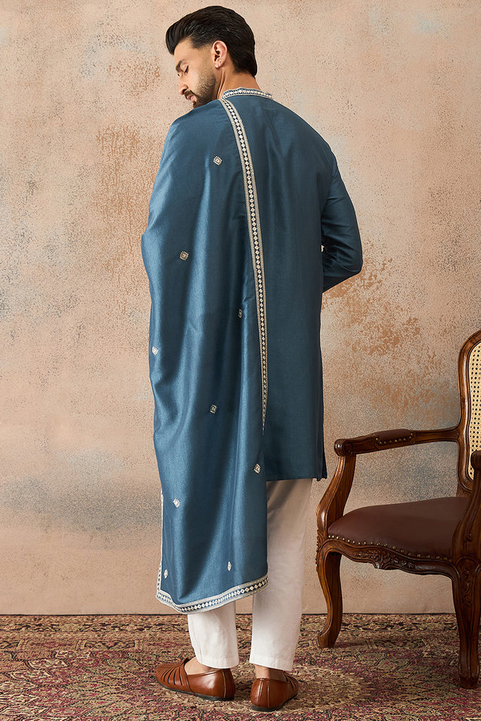 Blue Silk Blend Solid Embroidered Kurta And Trouser With Dupatta MKPD1048