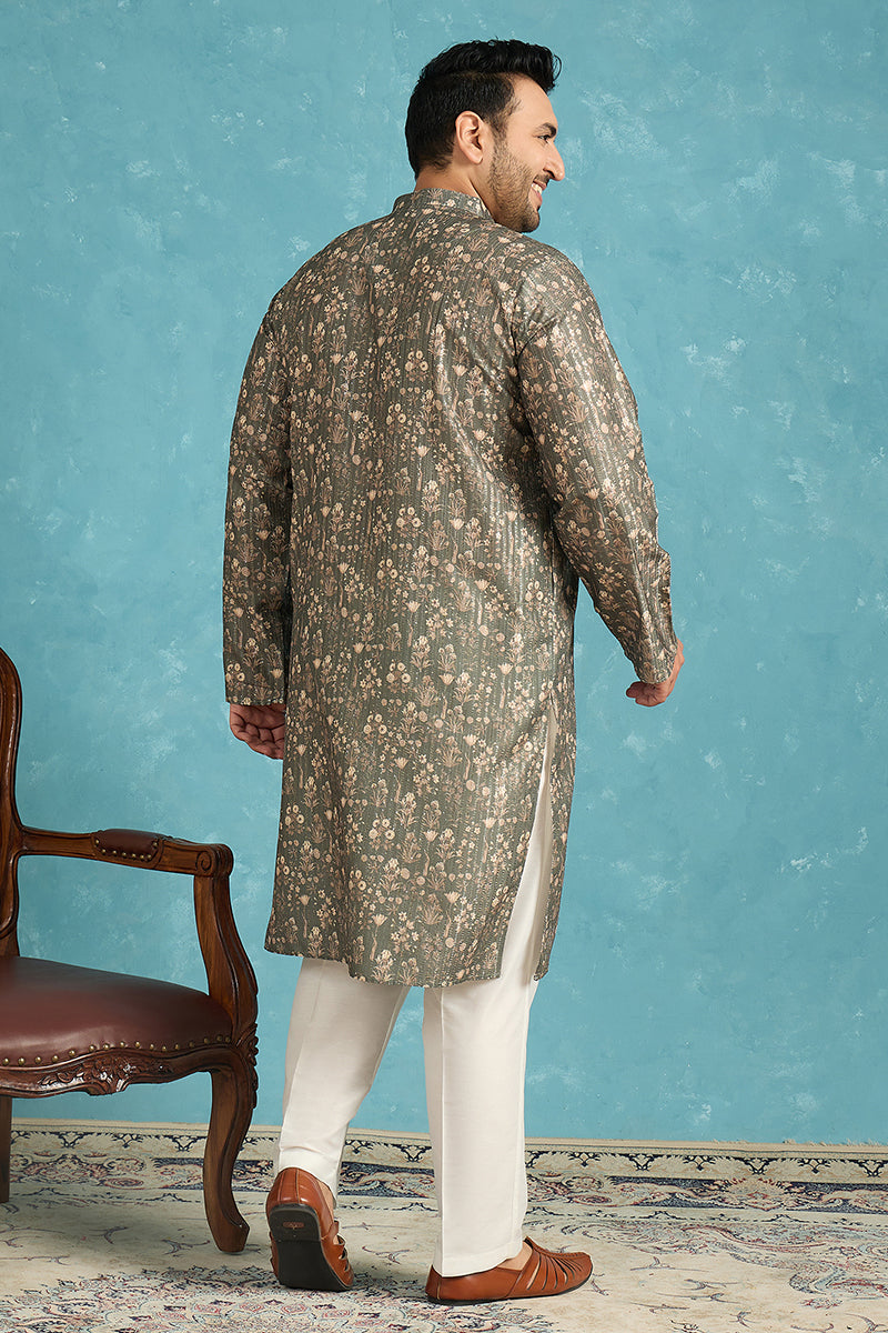 Olive Silk Blend Floral Printed Kurta MKU1911