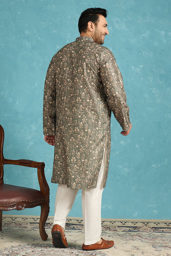 Olive Silk Blend Floral Printed Kurta MKU1911