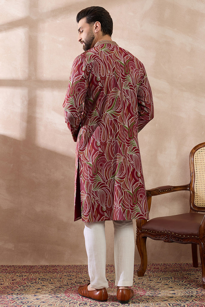 Red Silk Blend Printed Mandarin Collar Straight Kurta With Trouser MKSET1959