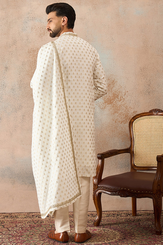White Jacquard Woven Design Floral Straight Kurta Sets MKPD1049