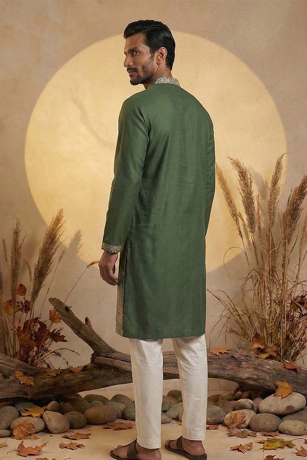 Silk Blend Green Solid Embroidered Calf Length Straight Kurta MKU2101