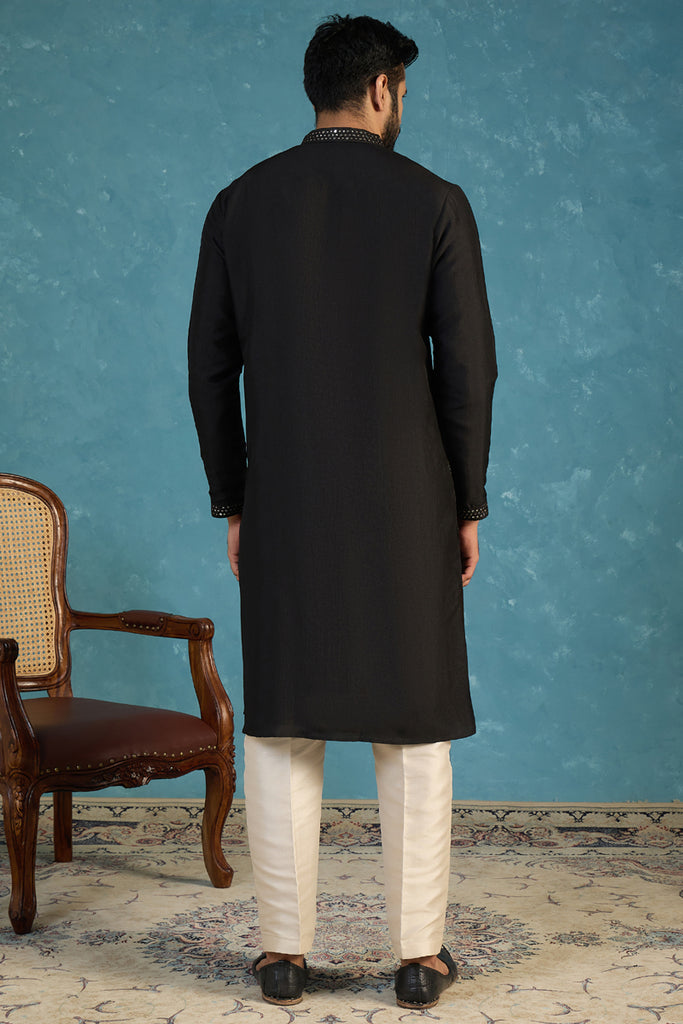 Silk Blend Black Solid Embroidered Calf Length Straight Kurta With Trousers MKSET2128