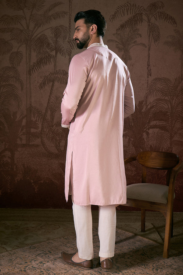 Pink Silk Blend Solid Embroidered Straight Kurta With Trouser MKSET1788
