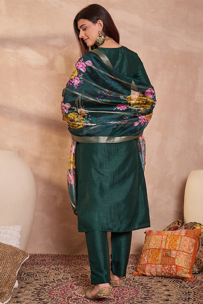 Green Silk Blend Solid Embroidered Straight Kurta Trouser With Dupatta PKSKD3101