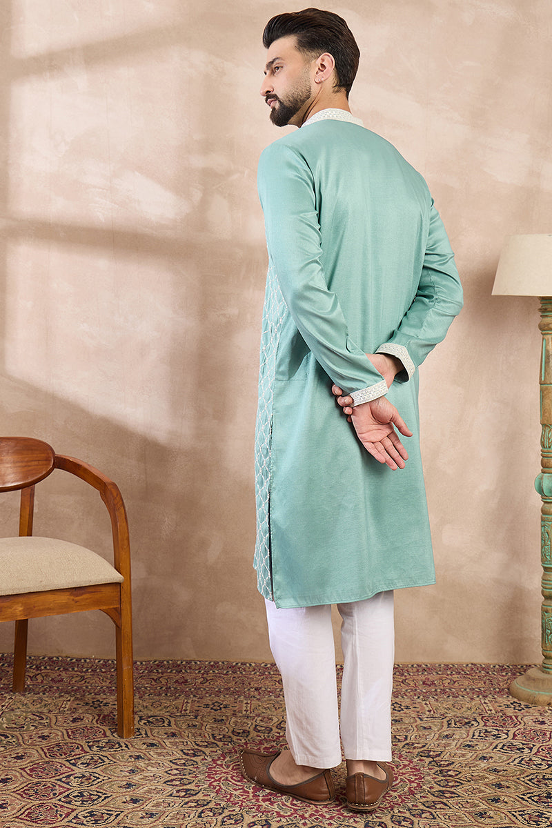 Teal Silk Blend Geometric Embroidered Straight Kurta MKU1693