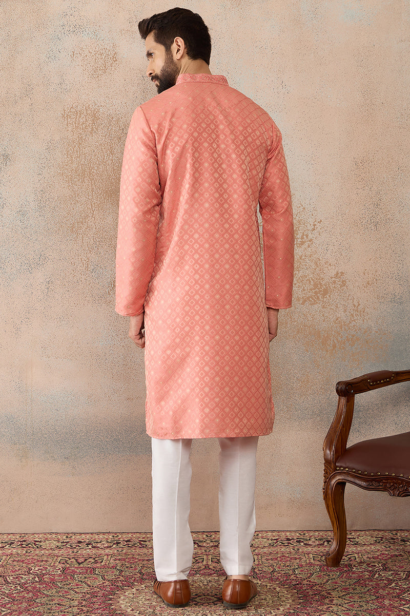 Coral Jacquard Ethnic Motifs Embroidered Kurta MKU2491