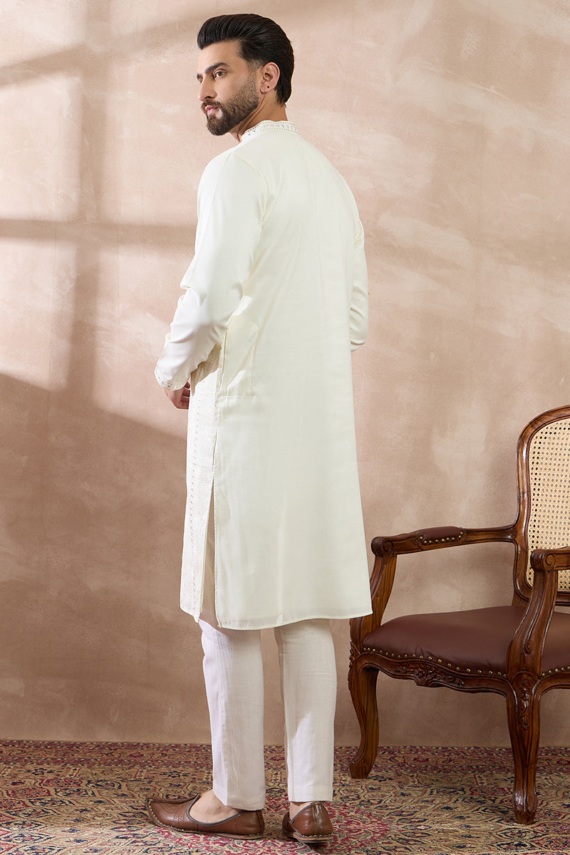 White Silk Blend Embroidered Mandarin Collar Straight Kurta With Trouser MKSET1891