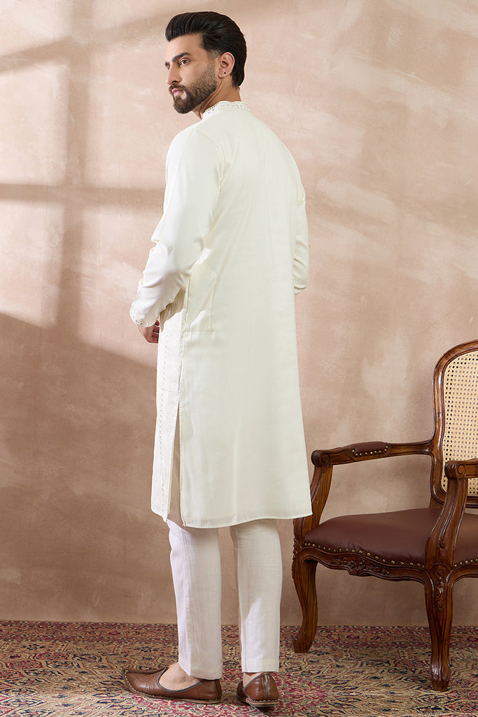 White Silk Blend Embroidered Mandarin Collar Straight Kurta With Trouser MKSET1891