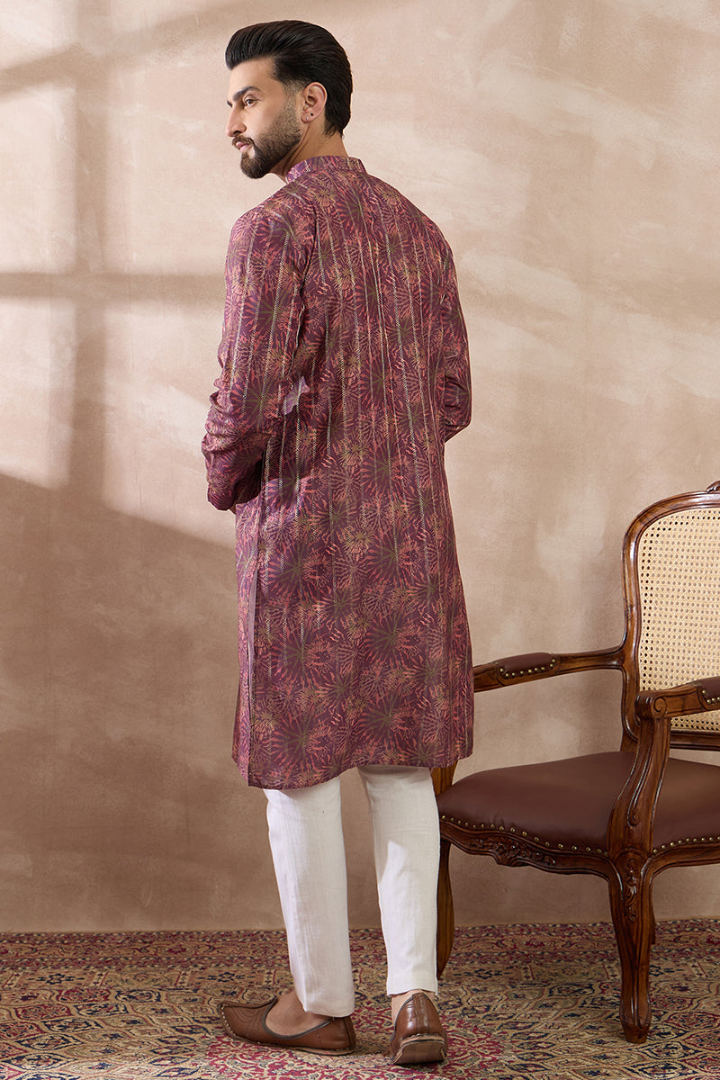 Purple Silk Blend Printed Mandarin Collar Straight Kurta With Trouser MKSET2023