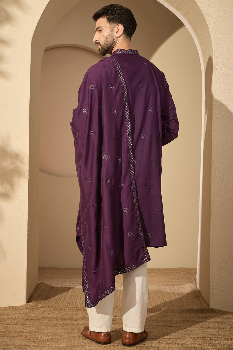Violet Silk Blend Solid Embroidered Mandarin Collar Kurta With Dupatta MKUD1078