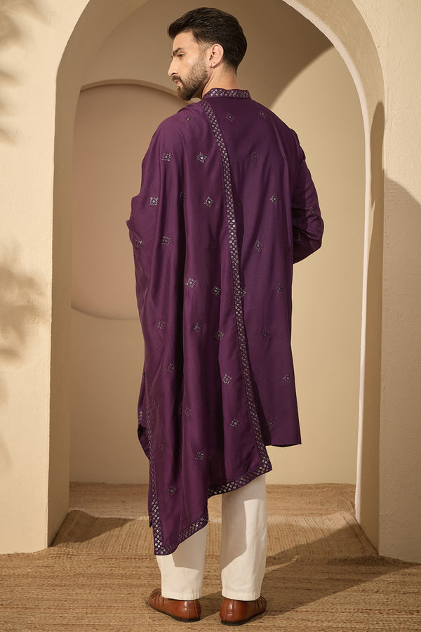 Violet Silk Blend Solid Embroidered Mandarin Collar Kurta With Dupatta MKUD1078