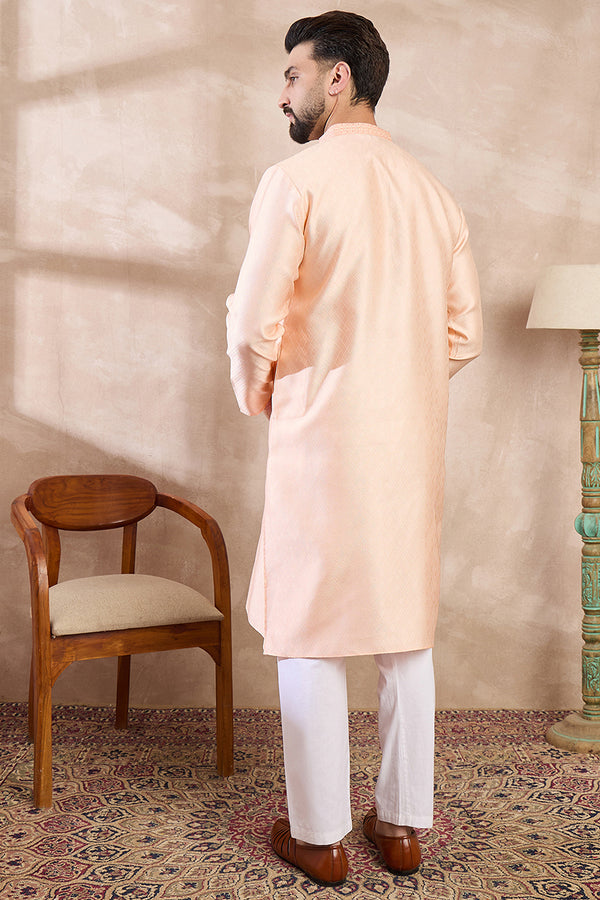 Peach Silk Blend Solid Embroidered Straight Kurta With Trouser MKSET1739
