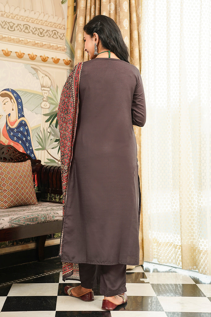 Grey Cotton Blend Ajrakh Printed Straight Kurta Trousers With Dupatta PKSKD3065