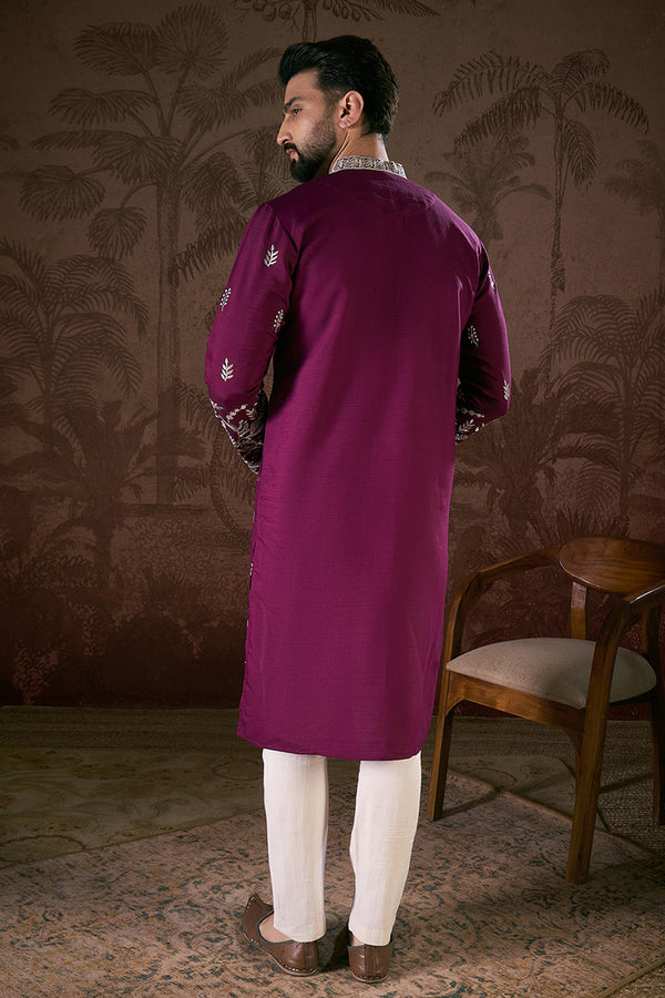 Purple Silk Blend Solid Embroidered Straight Kurta MKU1944