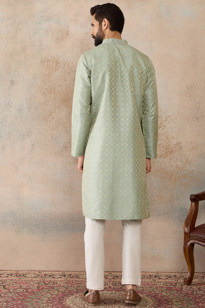 Teal Jacquard Ethnic Motifs Embroidered Kurta MKU2240