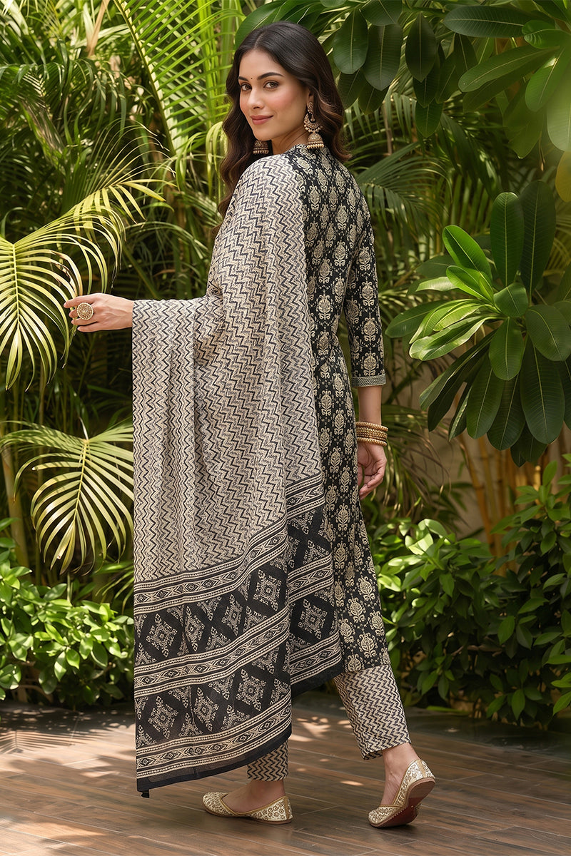 Black Rayon Blend Ethnic Motifs Straight Suit Set VKSKD1673
