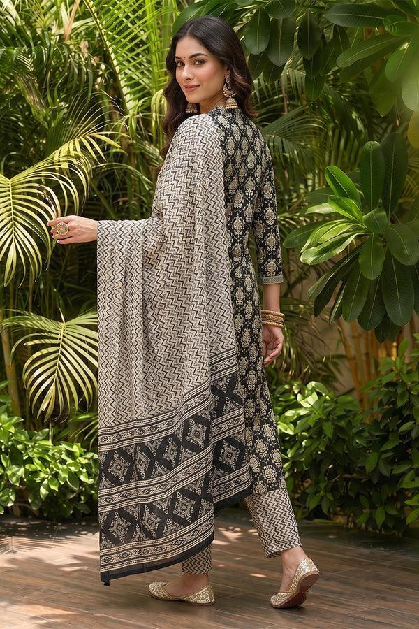 Black Rayon Blend Ethnic Motifs Straight Suit Set VKSKD1673