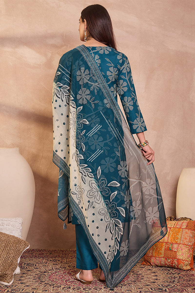 Blue Cotton Blend Floral Printed Straight Kurta Set VKSKD2425