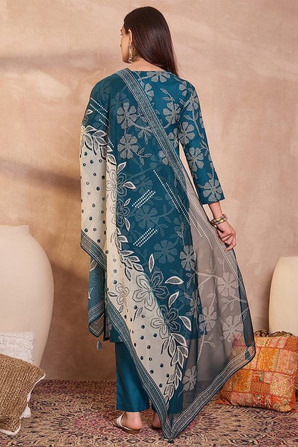 Blue Cotton Blend Floral Printed Straight Kurta Set VKSKD2425