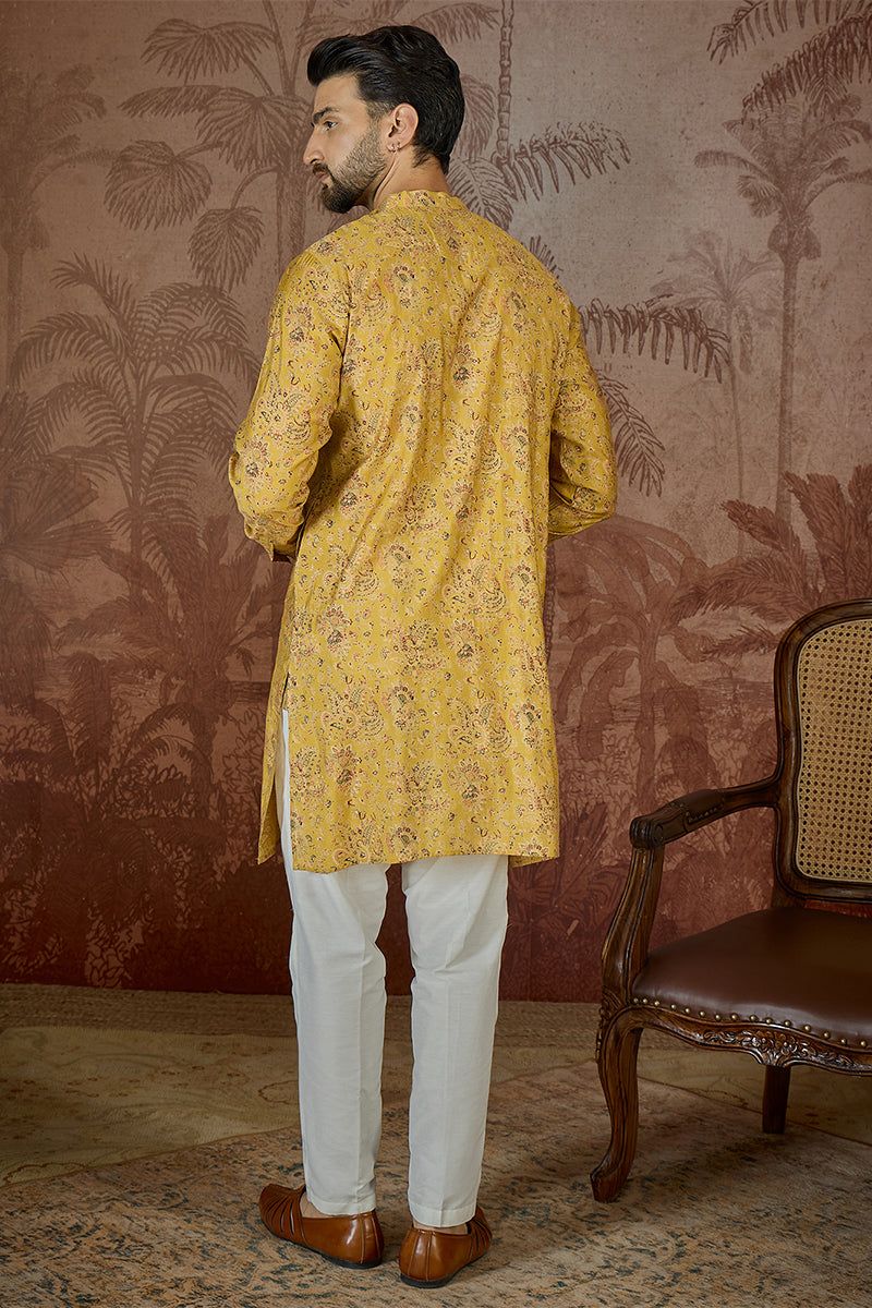 Mustard Silk Blend Ethnic Motifs Printed Kurta With Trouser MKSET2559