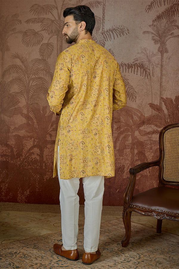 Mustard Silk Blend Ethnic Motifs Printed Kurta With Trouser MKSET2559