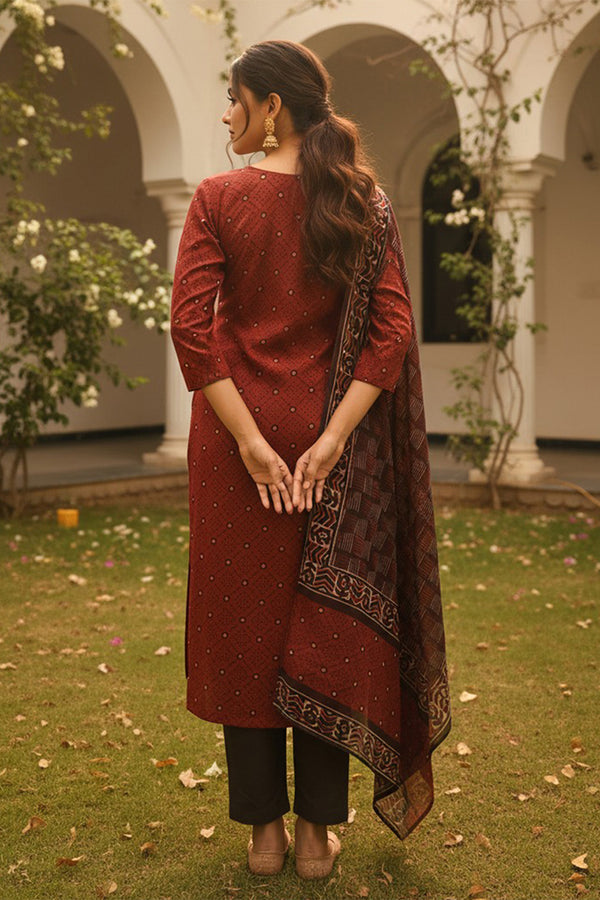 Red Cotton Blend Geometric Printed Straight Kurta Trousers With Dupatta VKSKD2414