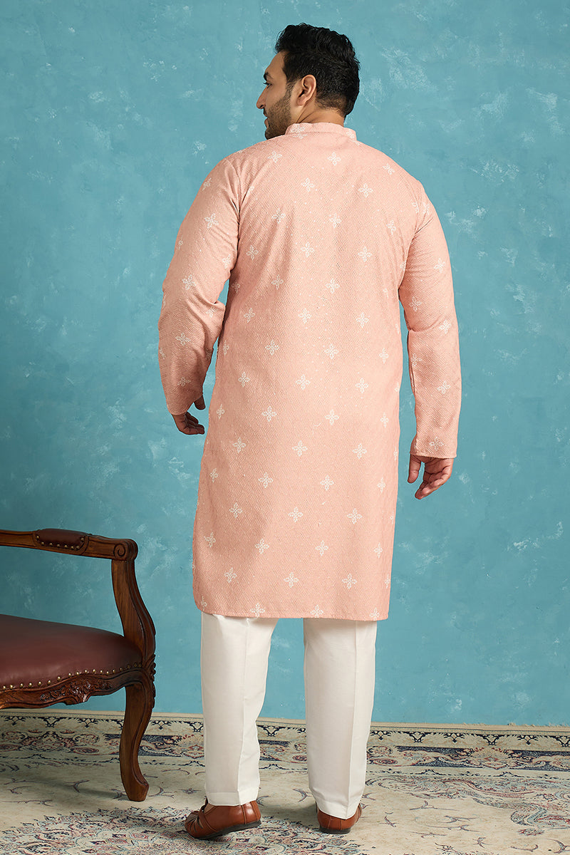 Peach Viscose Rayon Bandhani Thread Work Embroidered Kurta MKU1587