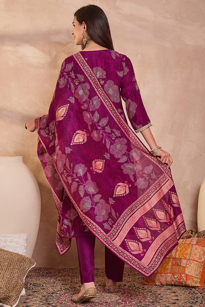 Purple Silk Blend Floral Printed Straight Kurta Trouser With Dupatta PKSKD3216