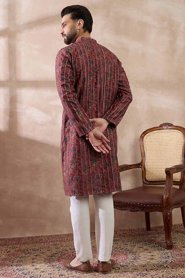 Maroon Silk Blend Printed Mandarin Collar Straight Kurta With Trouser MKSET2025