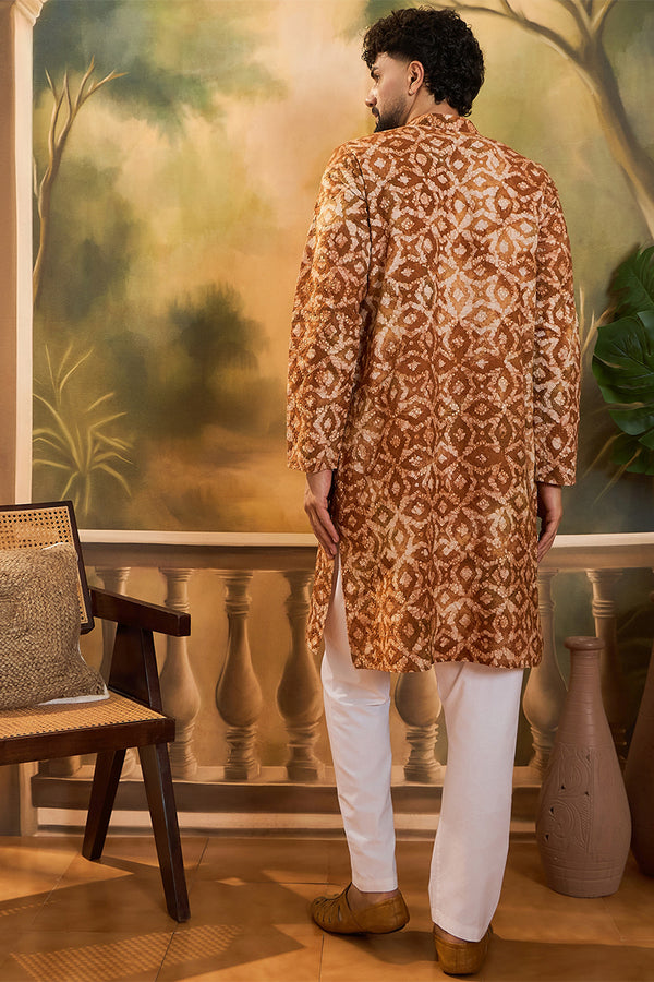 Brown Cotton Batik Embroidered Straight Kurta MKU1461