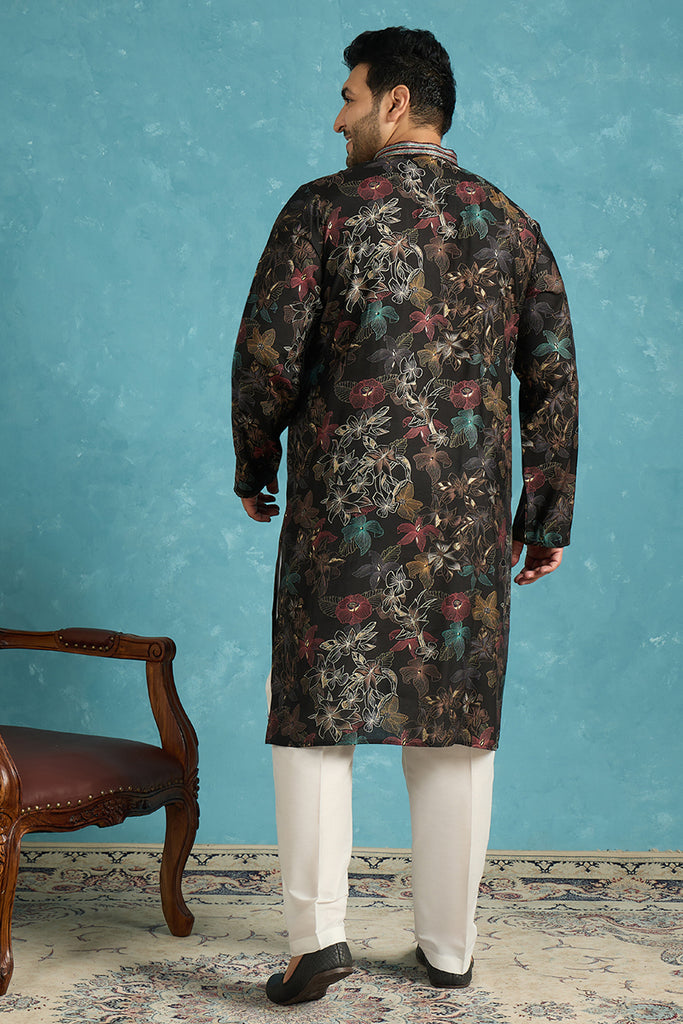Black Silk Blend Floral Printed Kurta MKU1956