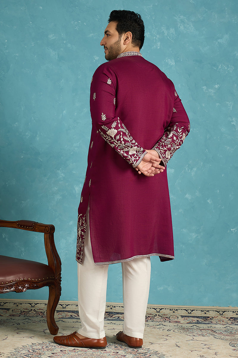 Purple Silk Blend Solid Thread Work Embroidered Kurta MKU1944