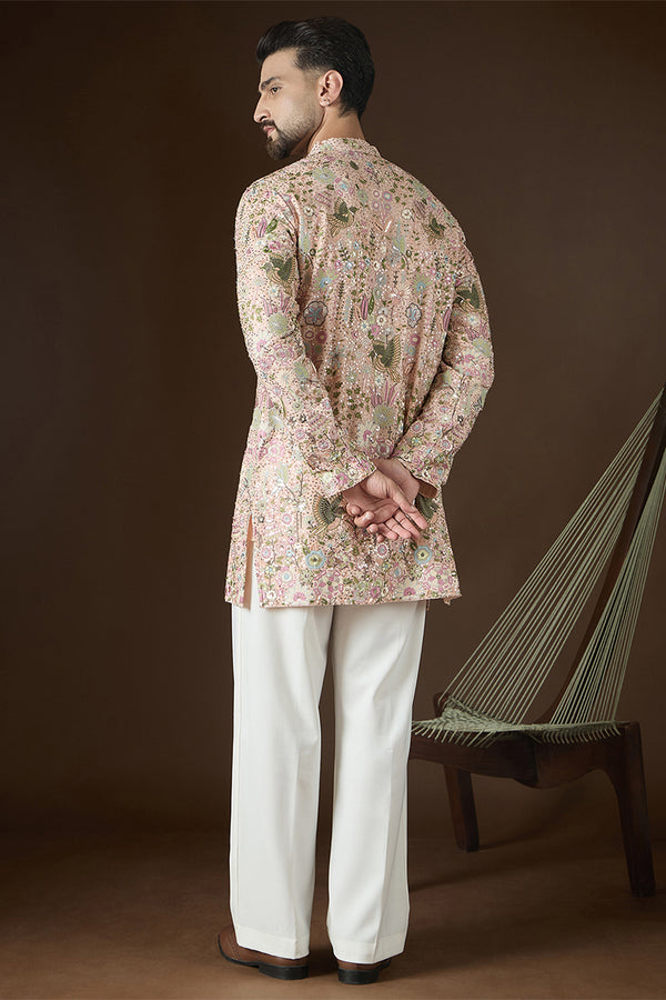 Peach Georgette Solid Embroidered Kurta With Trouser MKSET2726