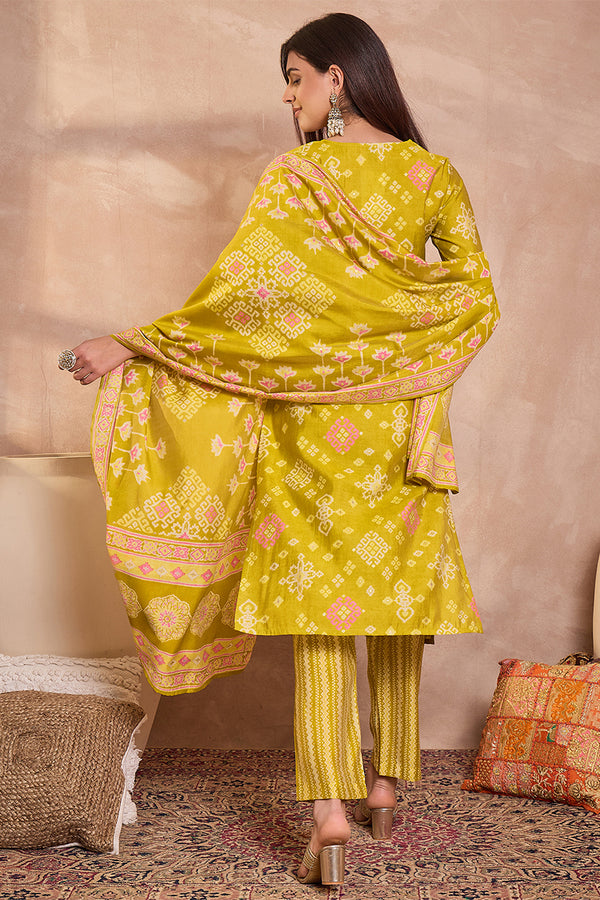 Silk Blend Ethnic Motifs Printed Yellow Kurta And Trousers With Dupatta PKSKD3232